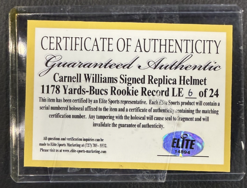 Cadillac Williams Signed TB Buccaneers Replica Helmet Rookie Stat Auto Elite COA
