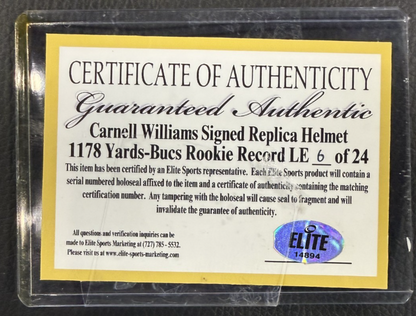 Cadillac Williams Signed TB Buccaneers Replica Helmet Rookie Stat Auto Elite COA