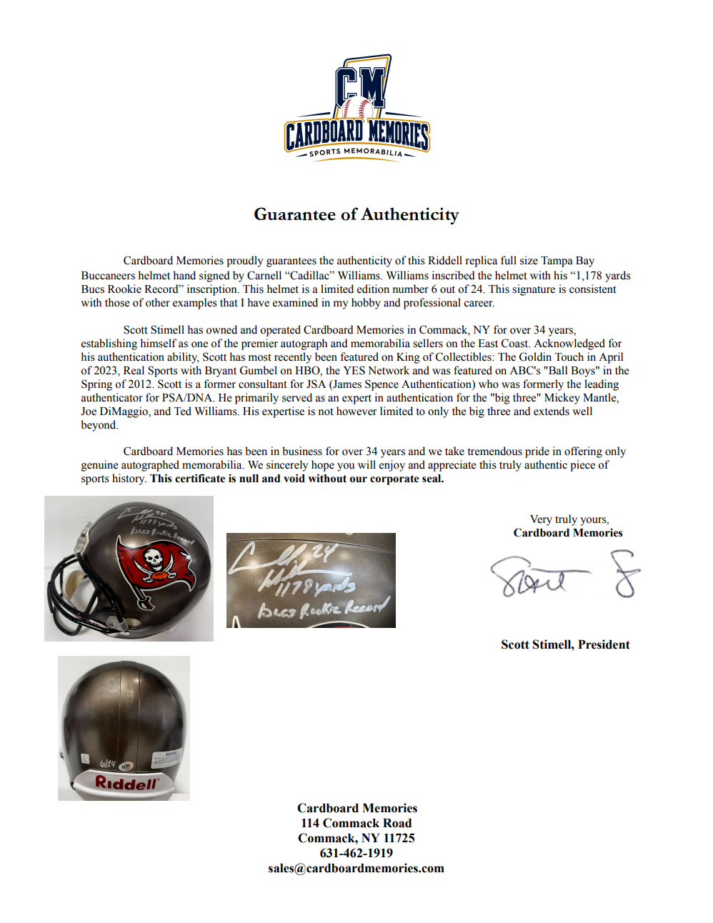 Cadillac Williams Signed TB Buccaneers Replica Helmet Rookie Stat Auto Elite COA