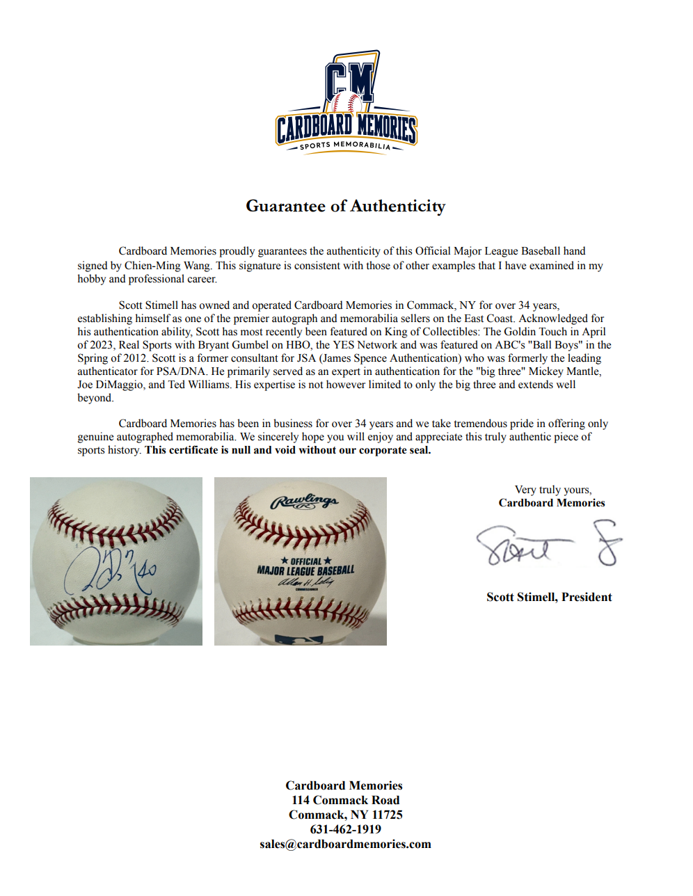 Chein-Ming Wang Signed Official MLB Baseball NY Yankees Auto COA