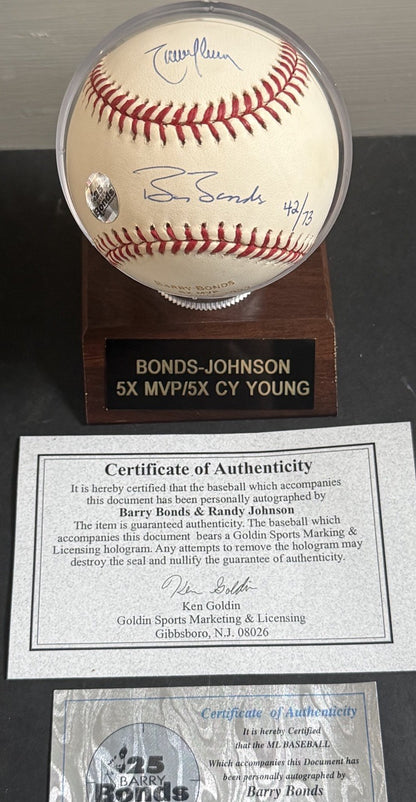 Barry Bonds & Randy Johnson 5x MVP Cy Signed MLB Baseball /73 Auto Goldin Coa