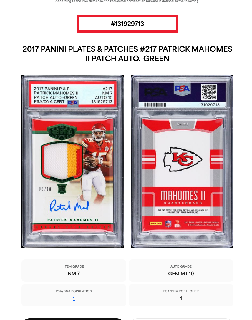 2017 Panini P&P Patrick Mahomes Green Patch Auto /10 PSA 7 Auto 10 KC Chiefs RPA