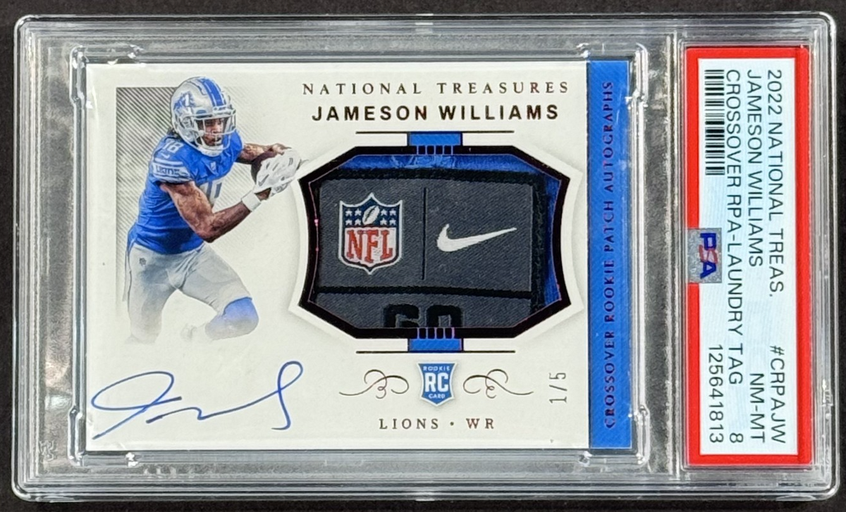 Jameson Williams National Treasures RPA Laundry Tag LE 1/5 Auto PSA 8 Lions RC