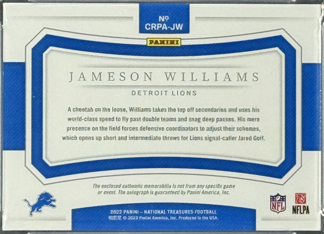 Jameson Williams National Treasures RPA Laundry Tag LE 1/5 Auto PSA 8 Lions RC