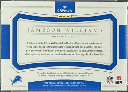 Jameson Williams National Treasures RPA Laundry Tag LE 1/5 Auto PSA 8 Lions RC