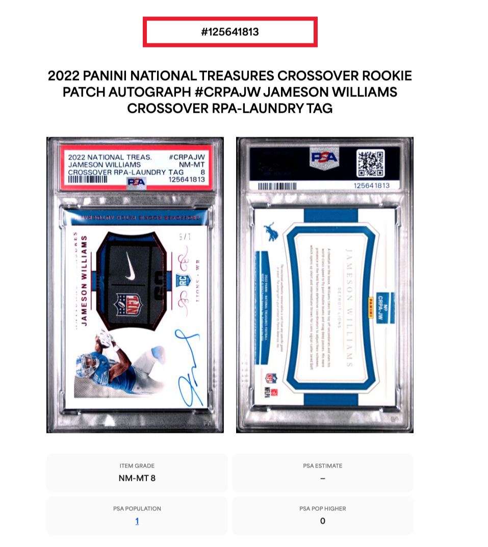 Jameson Williams National Treasures RPA Laundry Tag LE 1/5 Auto PSA 8 Lions RC