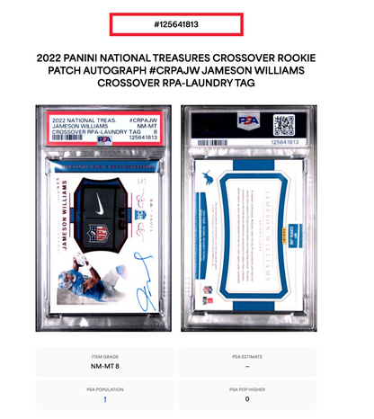 Jameson Williams National Treasures RPA Laundry Tag LE 1/5 Auto PSA 8 Lions RC
