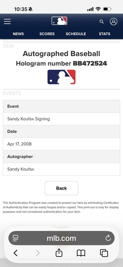 Sandy Koufax Signed Official MLB Witnessed Holo Baseball Auto Steiner OA Coa Hof