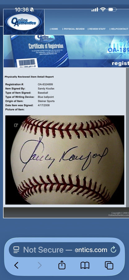 Sandy Koufax Signed Official MLB Witnessed Holo Baseball Auto Steiner OA Coa Hof