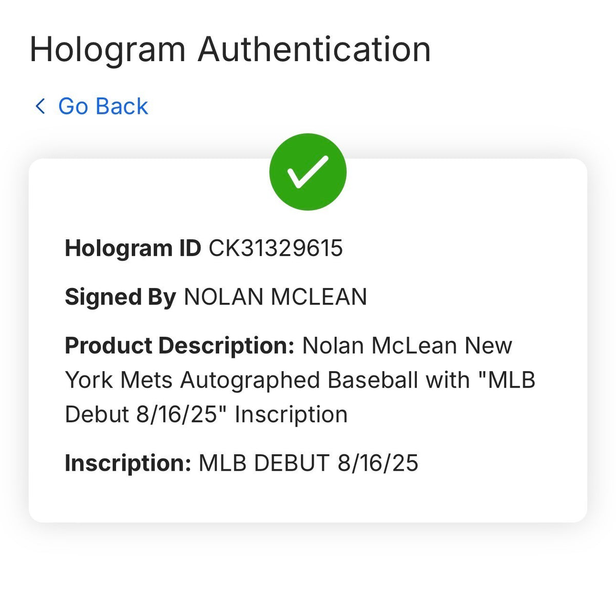 Nolan Mclean Signed Official Baseball MLB Debut Auto Fanatics MLB COA NY Mets