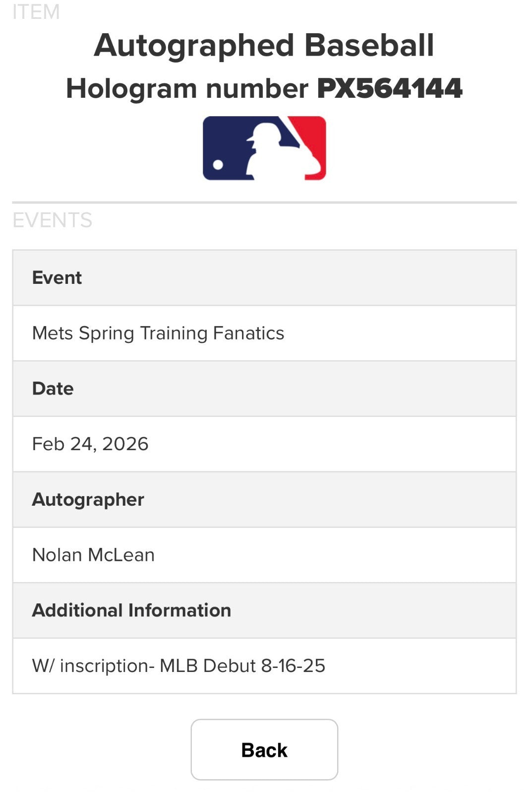 Nolan Mclean Signed Official Baseball MLB Debut Auto Fanatics MLB COA NY Mets