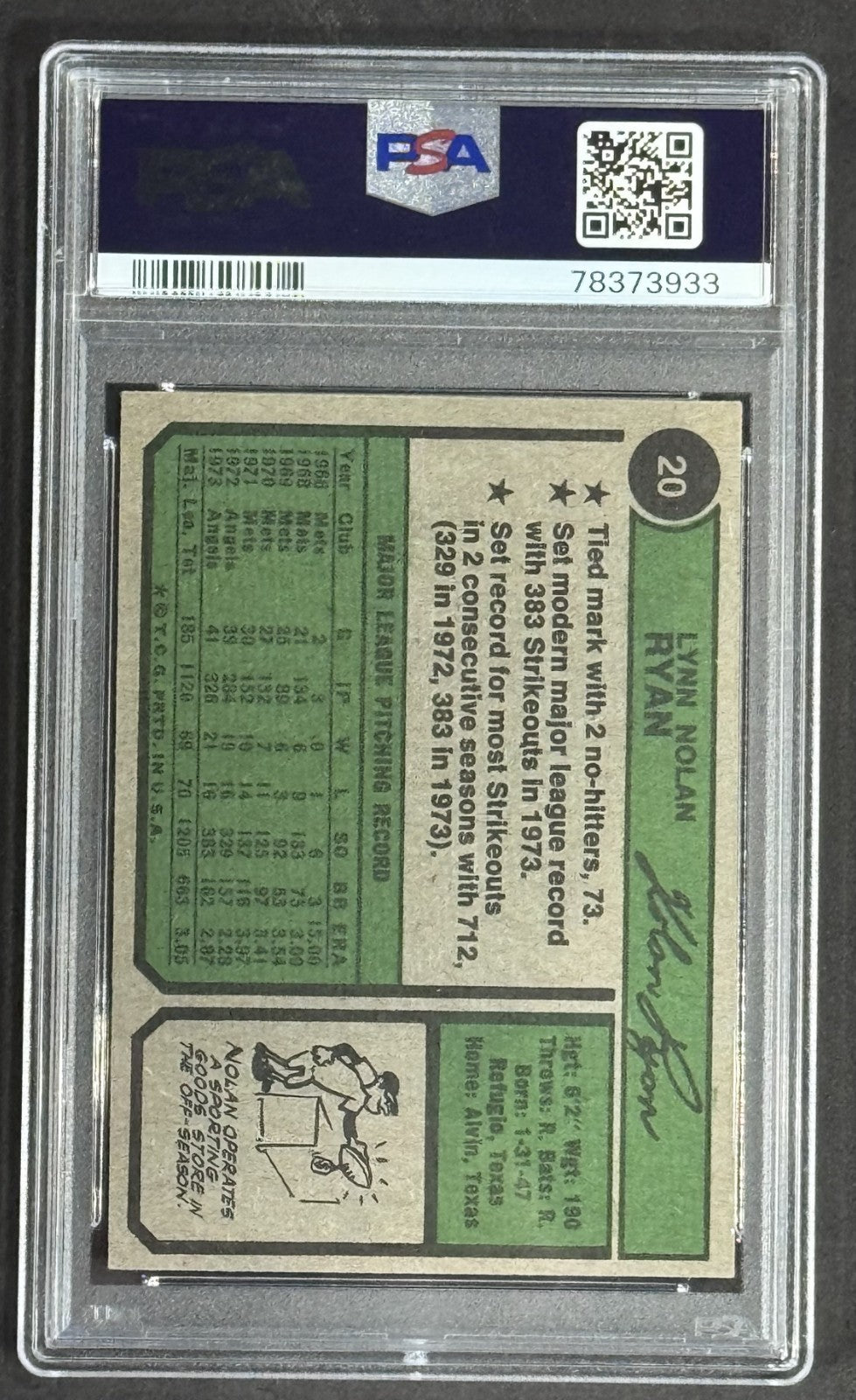 1974 Topps Nolan Ryan #20 PSA 7 Near Mint Angels HOF Centered Sharp Nm