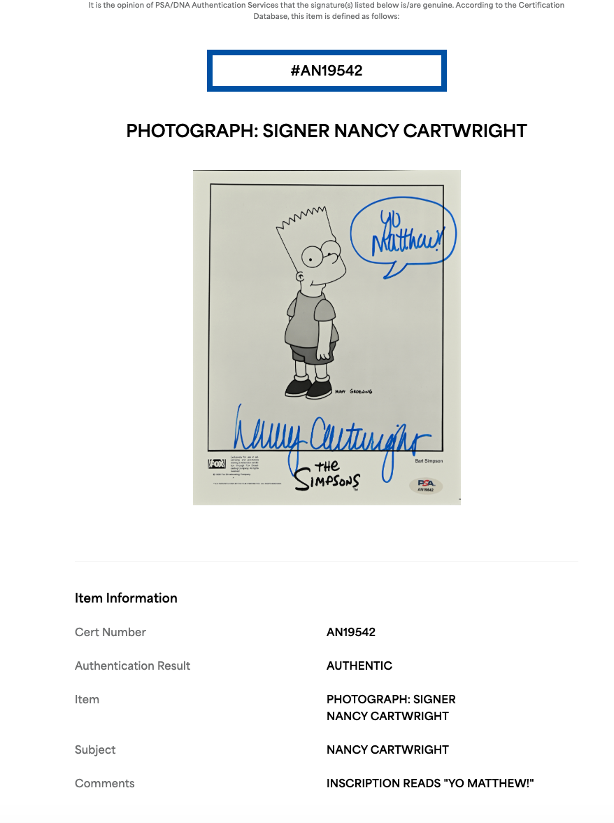 Nancy Cartwright Signed 8x10 Photo Yo Matthew Auto PSA COA Bart Simpson