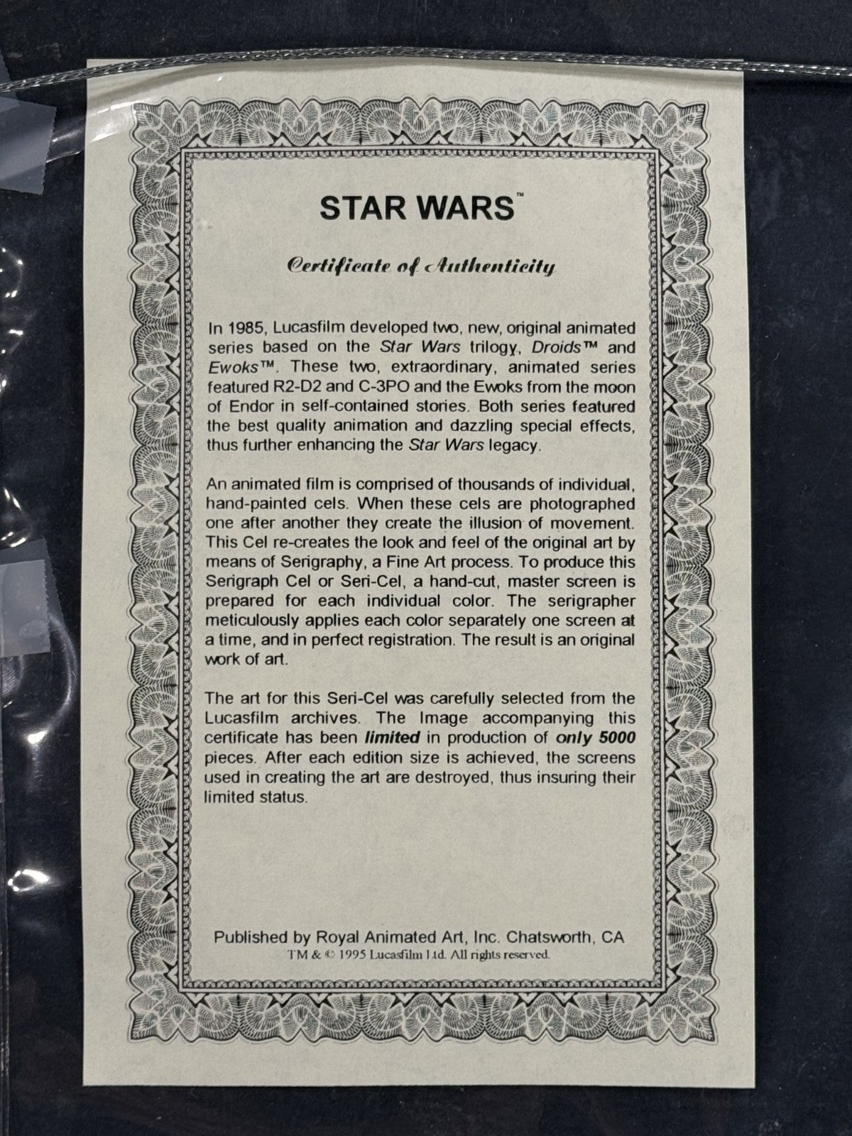Vintage Original Lucasfilm Ewoks Big Hug Seri-cel LE /5000 Framed Star Wars COA
