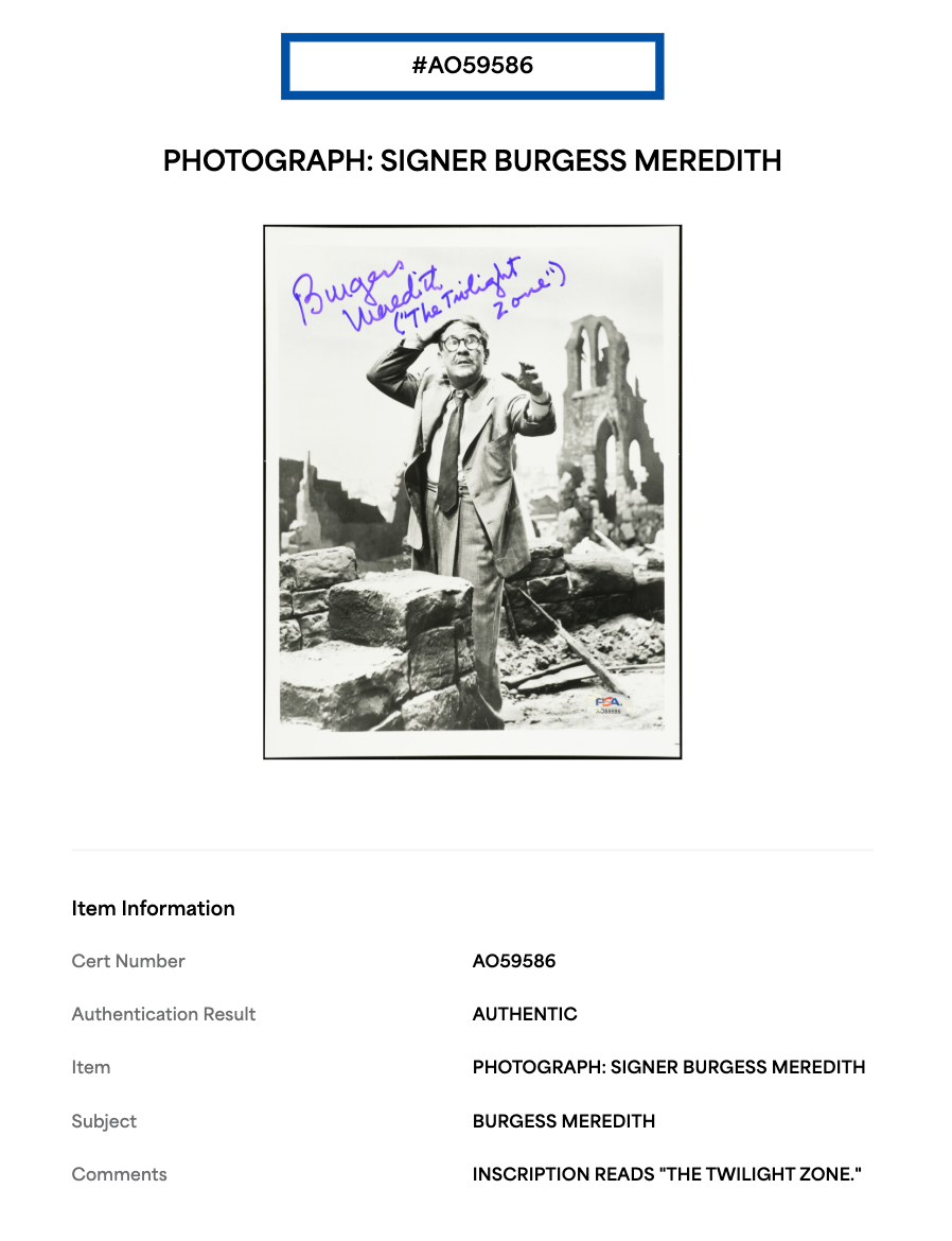 Burgess Meredith Signed 8x10 Photo The Twilight Zone Auto PSA COA Penguin