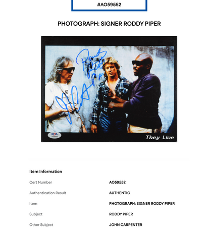 Roddy Piper John Carpenter Signed 8x10 Photo Auto PSA COA They Live John Nada