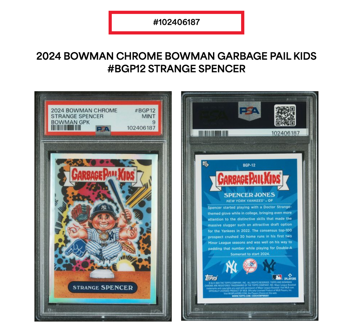 2024 Bowman Chrome Strange Spencer Jones GPK PSA 9 Mint #BGP12 NY Yankees
