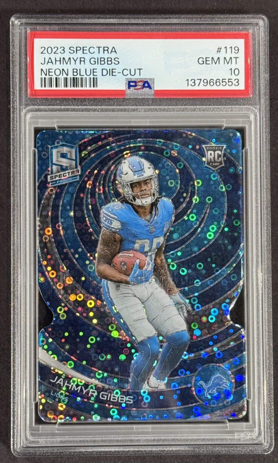 2023 Spectra Jahmyr Gibbs Neon Blue Die Cut /50 PSA 10 Gem Mint #119 Lions RC