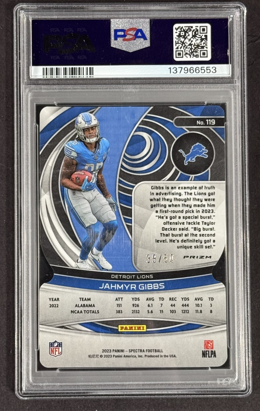 2023 Spectra Jahmyr Gibbs Neon Blue Die Cut /50 PSA 10 Gem Mint #119 Lions RC