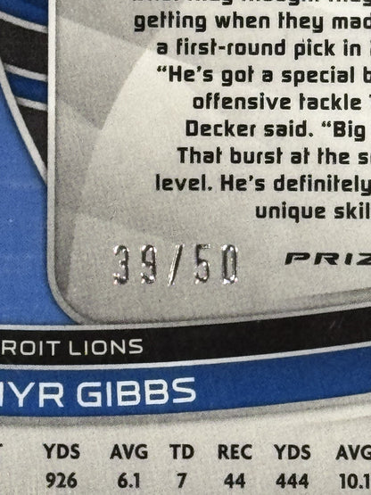 2023 Spectra Jahmyr Gibbs Neon Blue Die Cut /50 PSA 10 Gem Mint #119 Lions RC