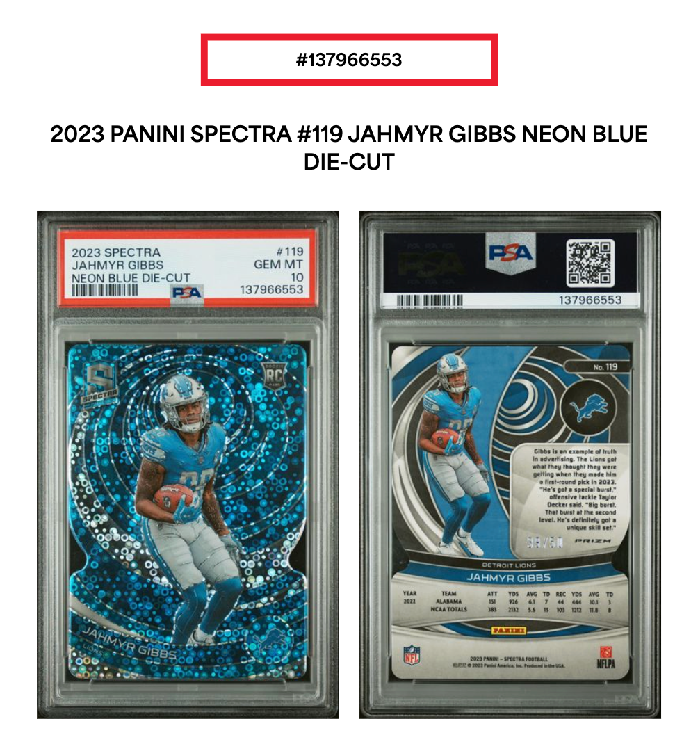 2023 Spectra Jahmyr Gibbs Neon Blue Die Cut /50 PSA 10 Gem Mint #119 Lions RC