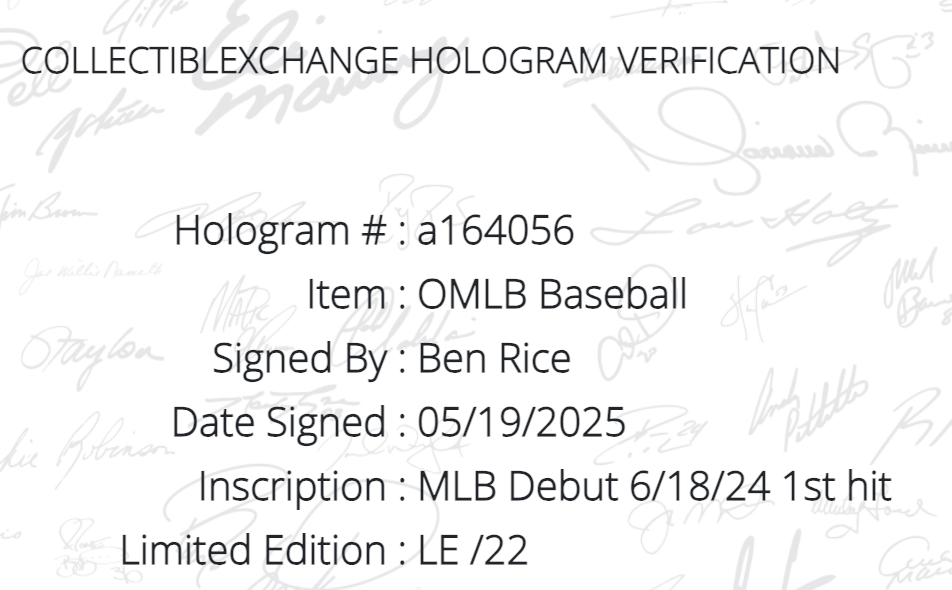 Ben Rice Signed Official Baseball Yankees MLB Debut 1st Hit Auto /22 Steiner COA