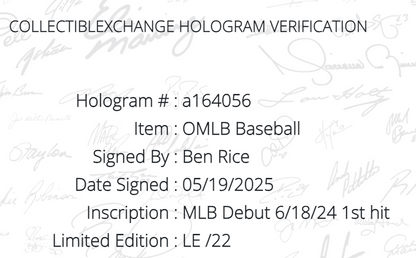 Ben Rice Signed Official Baseball Yankees MLB Debut 1st Hit Auto /22 Steiner COA