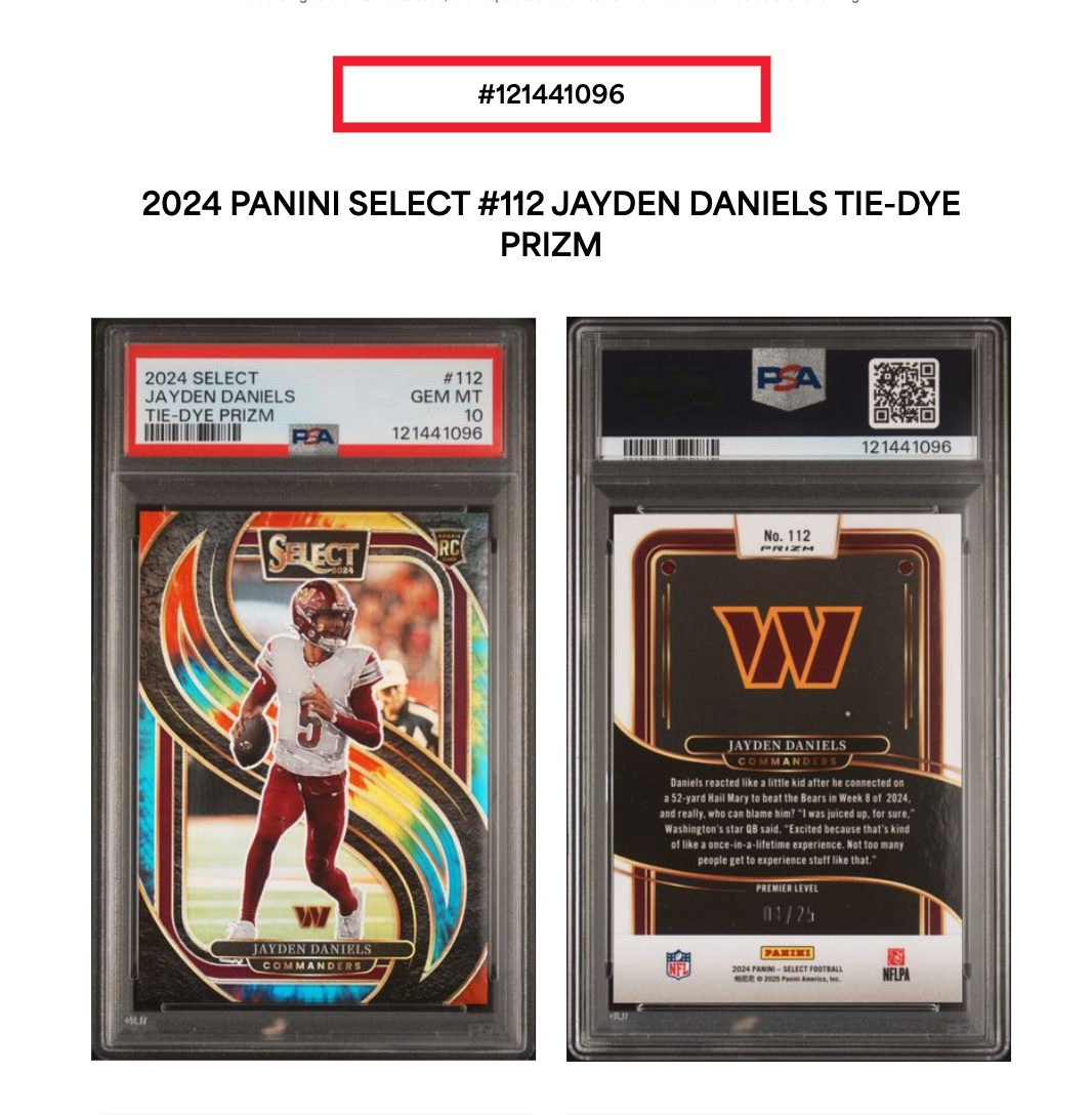 2024 Select Jayden Daniels Tie Dye Prizm LE/25 PSA 10 Gem MT Wash Commanders RC