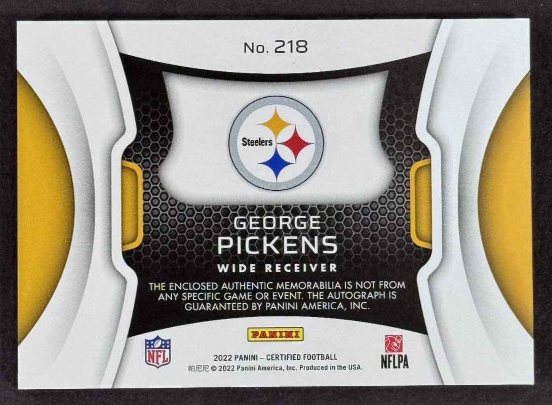 2022 Panini Certified George Pickens Freshman Fabric Rookie Auto /15 Rpa Cowboys