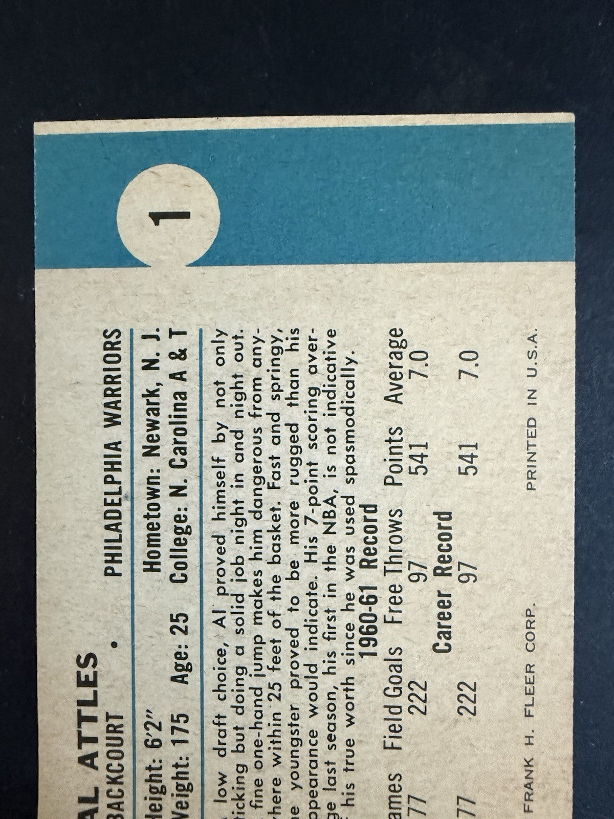 Fleer 1961-62 Fleer Al Attles #1 Philadelphia Warriors RC Rookie Vg