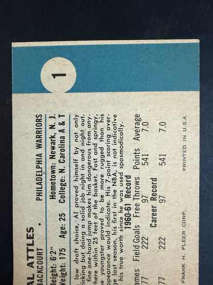 Fleer 1961-62 Fleer Al Attles #1 Philadelphia Warriors RC Rookie Vg