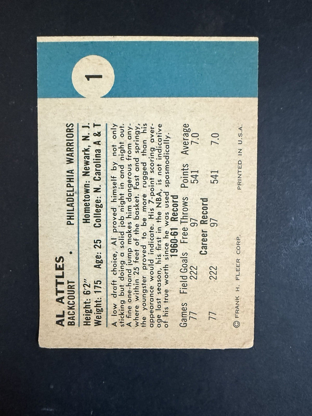 Fleer 1961-62 Fleer Al Attles #1 Philadelphia Warriors RC Rookie Vg