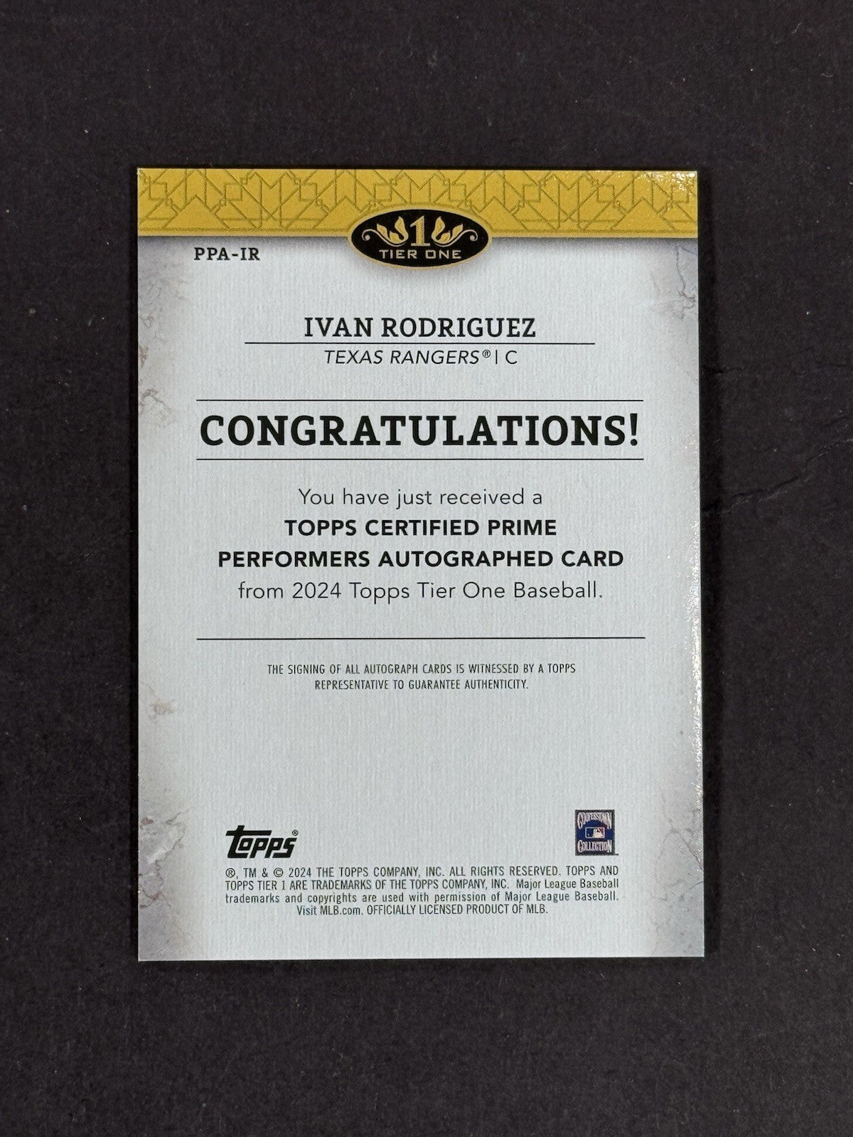 2024 Topps Tier One Ivan Rodriguez Prime Performers Mint  Auto LE/99 Rangers HOF