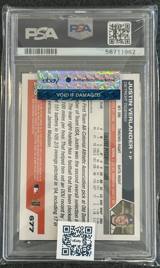 2005 Topps #677 Justin Verlander RC Rookie Gem Mint PSA 10