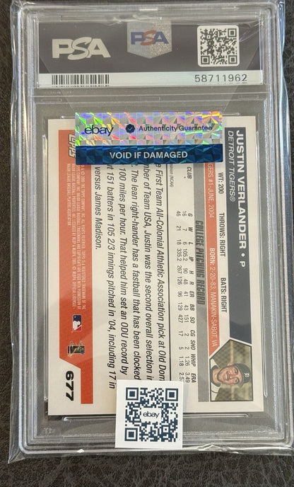 2005 Topps #677 Justin Verlander RC Rookie Gem Mint PSA 10