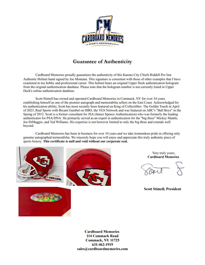 Joe Montana Signed Riddell Pro Line Authentic Helmet HOF Chiefs Auto UDA Holo