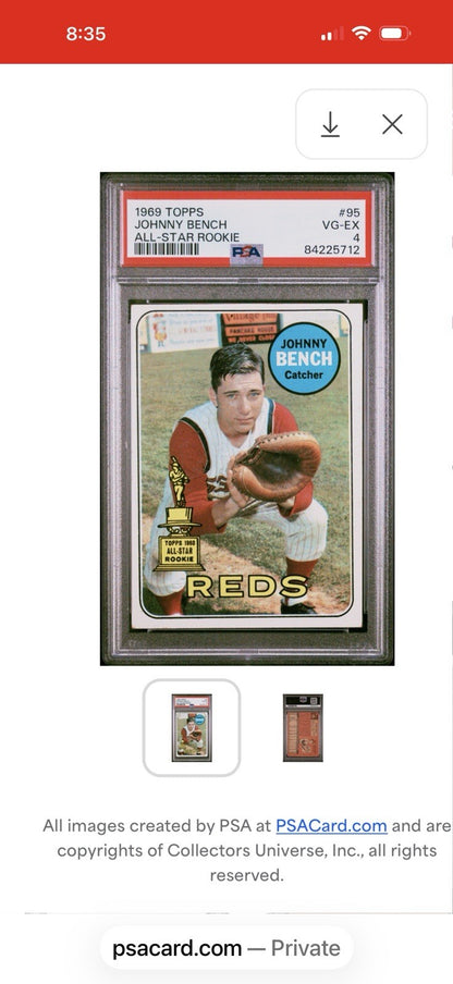 1969 Topps Set-Break #95 Johnny Bench All-Star Rookie Trophy PSA 4 Ex Sharp HOF