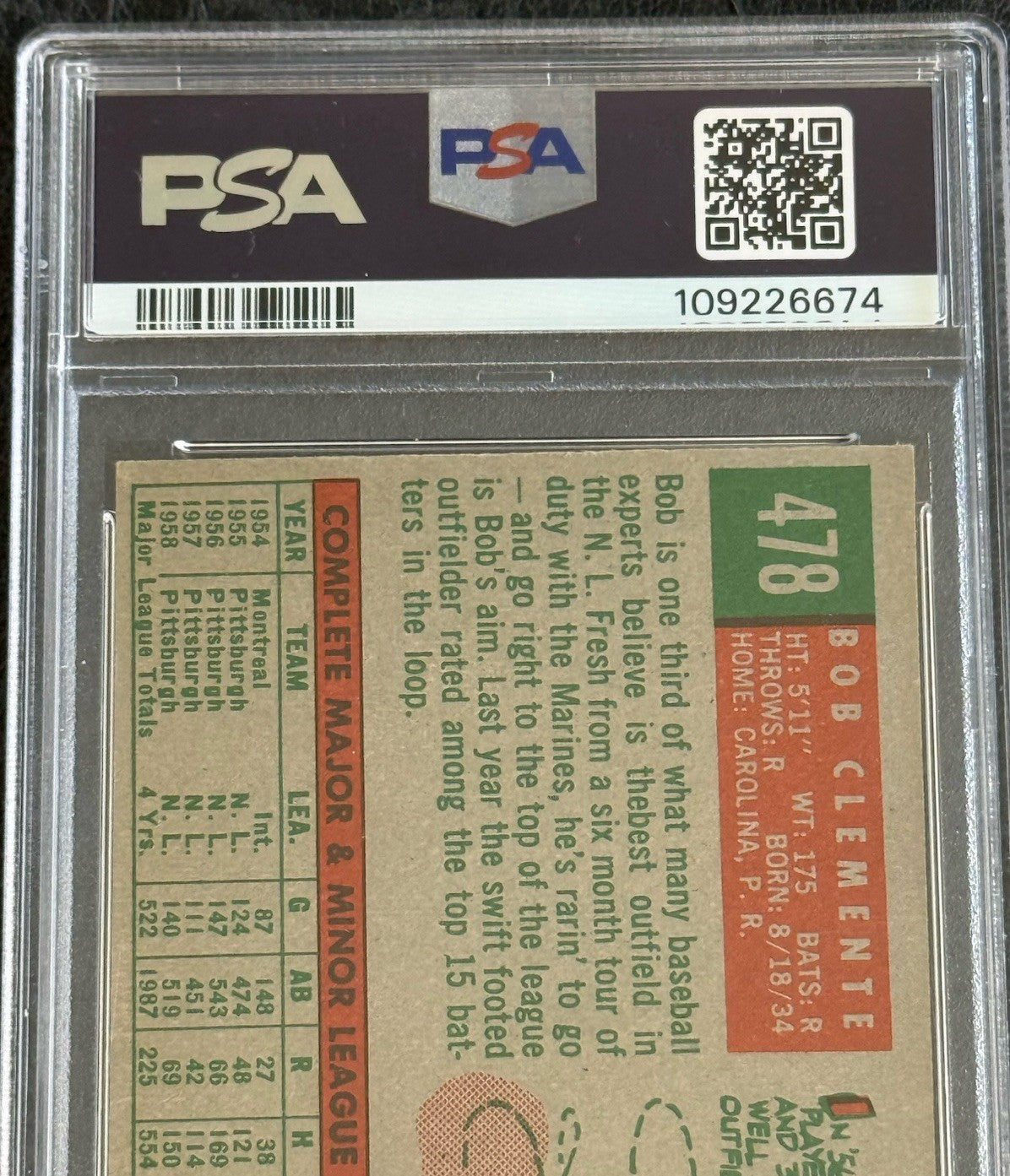 Roberto Clemente 1959 Topps #478 PSA 4 Much Nicer Razor Sharp Clean High End