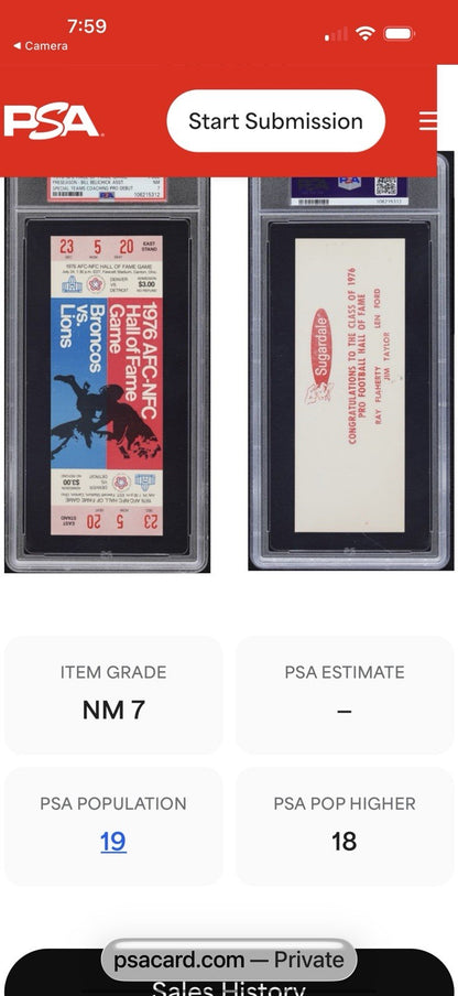 1976 NFL Hall of Fame Game Full Ticket PSA 7 Nm Bill Belichick Pro Debut HOF