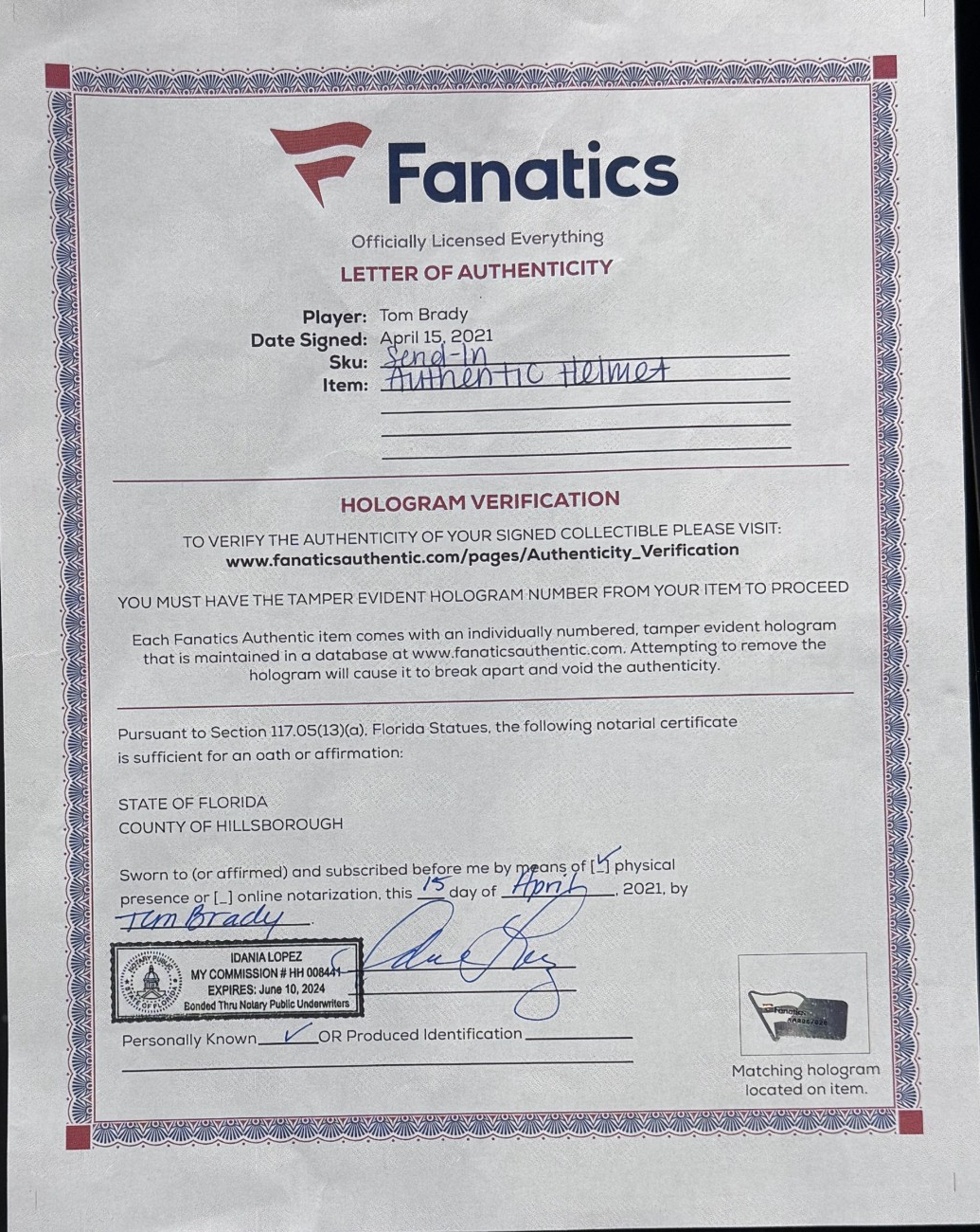 Tom Brady Signed 1/1 Patriots Buccaneers Authentic FS Helmet Auto Fanatics LOA