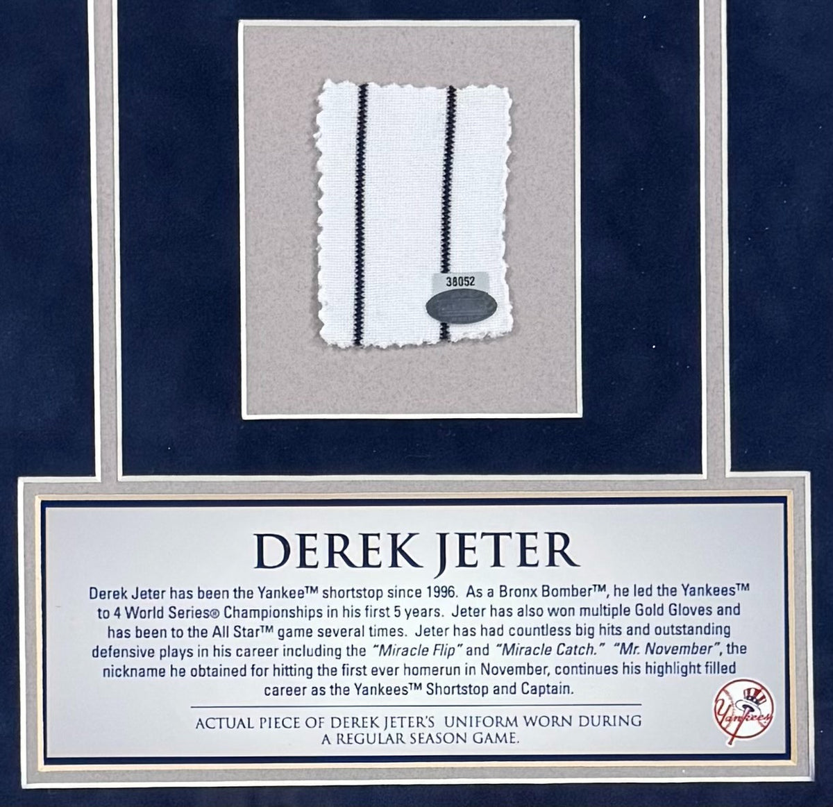 Derek Jeter Yankees Game Used Jersey Patch Framed Photo Suede Matting Steiner