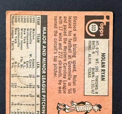 1969 Topps Nolan Ryan #533 Ny Mets 2nd Year Ny Mets Vg Dead Centered