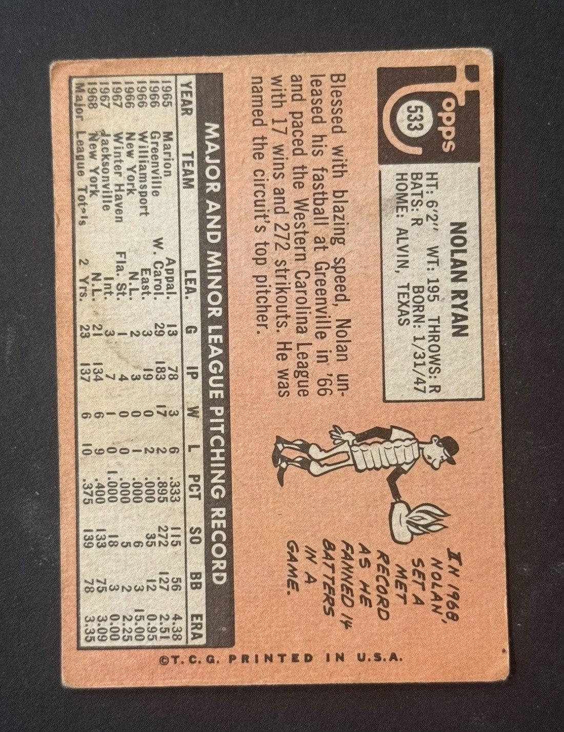 1969 Topps Nolan Ryan #533 Ny Mets 2nd Year Ny Mets Vg Dead Centered
