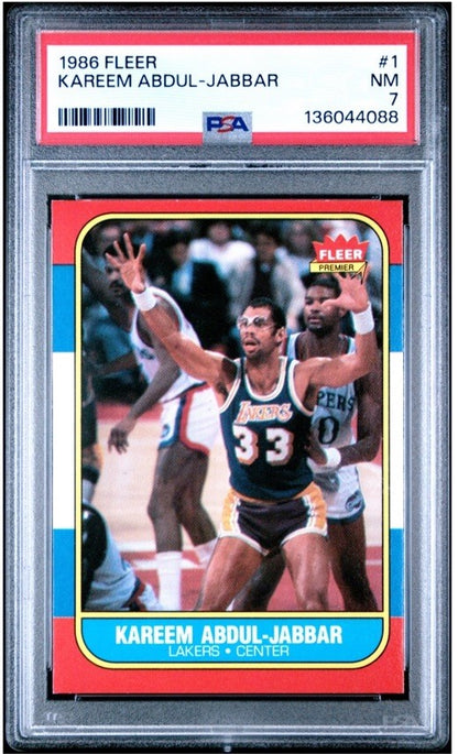 1986 Fleer Basketball #1 Kareem Abdul-Jabbar PSA 7 Nm Near Mint L.A. Lakers HOF