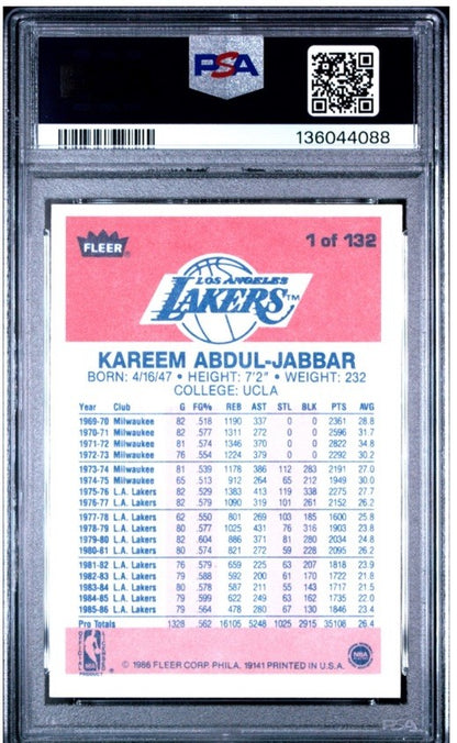 1986 Fleer Basketball #1 Kareem Abdul-Jabbar PSA 7 Nm Near Mint L.A. Lakers HOF