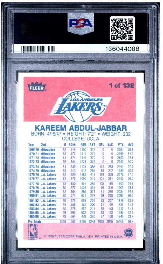 1986 Fleer Basketball #1 Kareem Abdul-Jabbar PSA 7 Nm Near Mint L.A. Lakers HOF