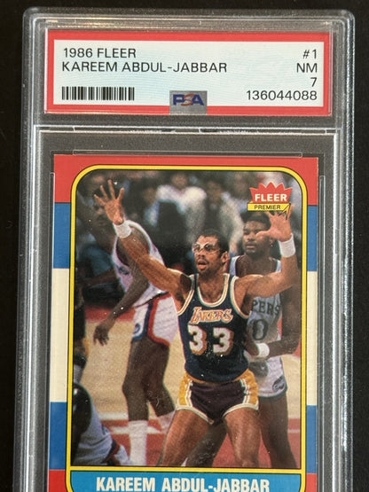 1986 Fleer Basketball #1 Kareem Abdul-Jabbar PSA 7 Nm Near Mint L.A. Lakers HOF