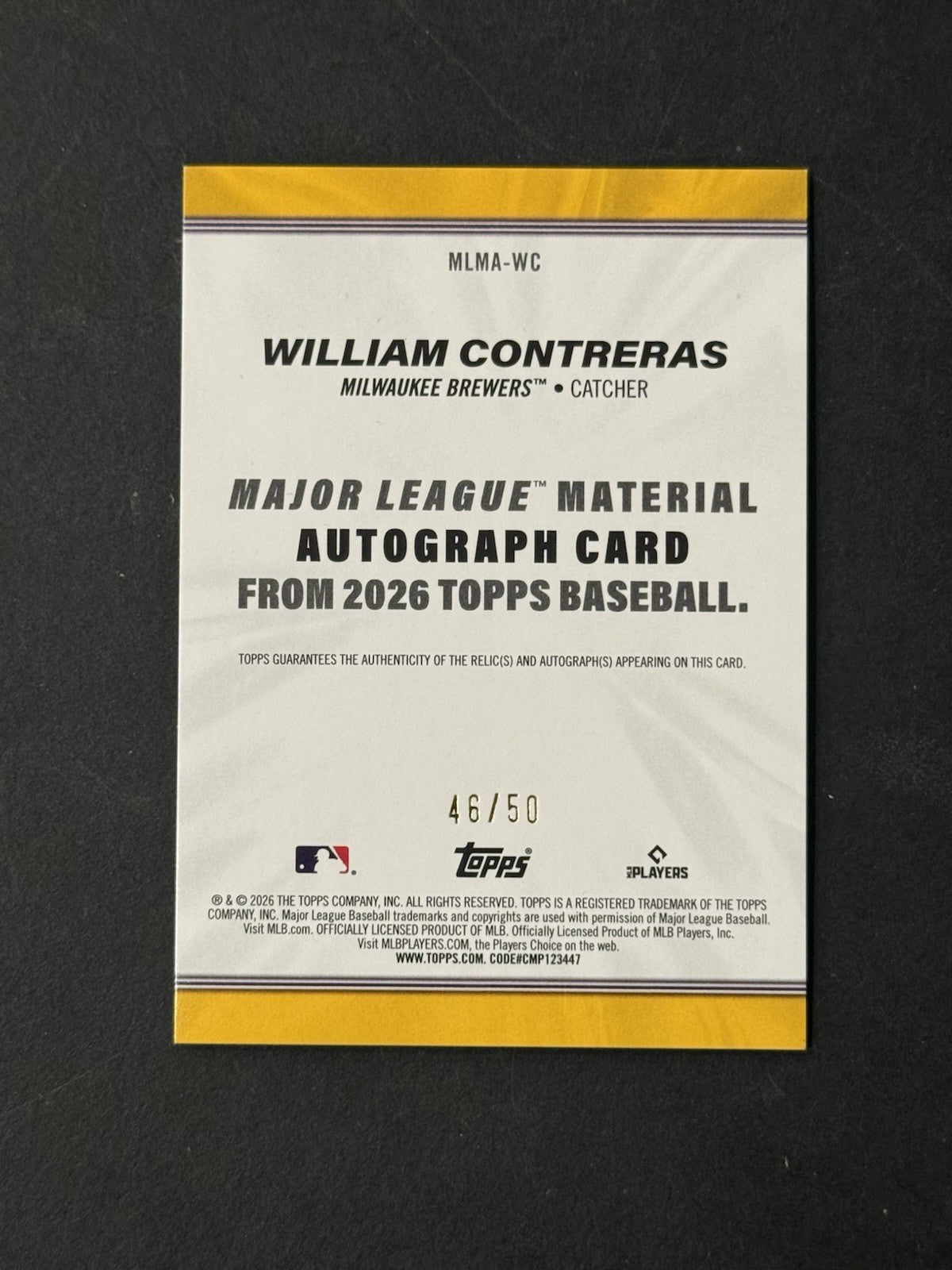 Topps 2026 Series 1 William Contreras Patch Jersey Materials Gold / 50 Brewers