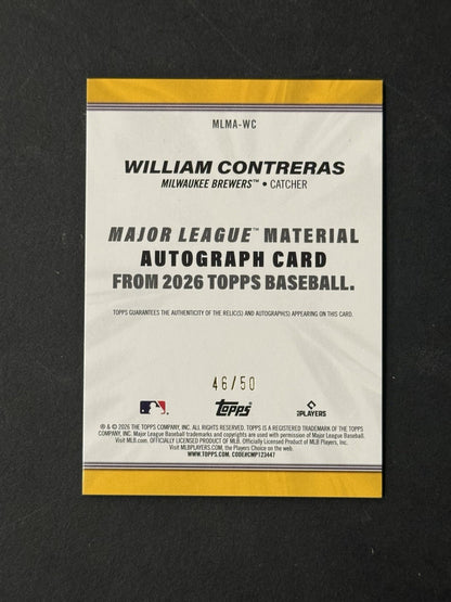 Topps 2026 Series 1 William Contreras Patch Jersey Materials Gold / 50 Brewers