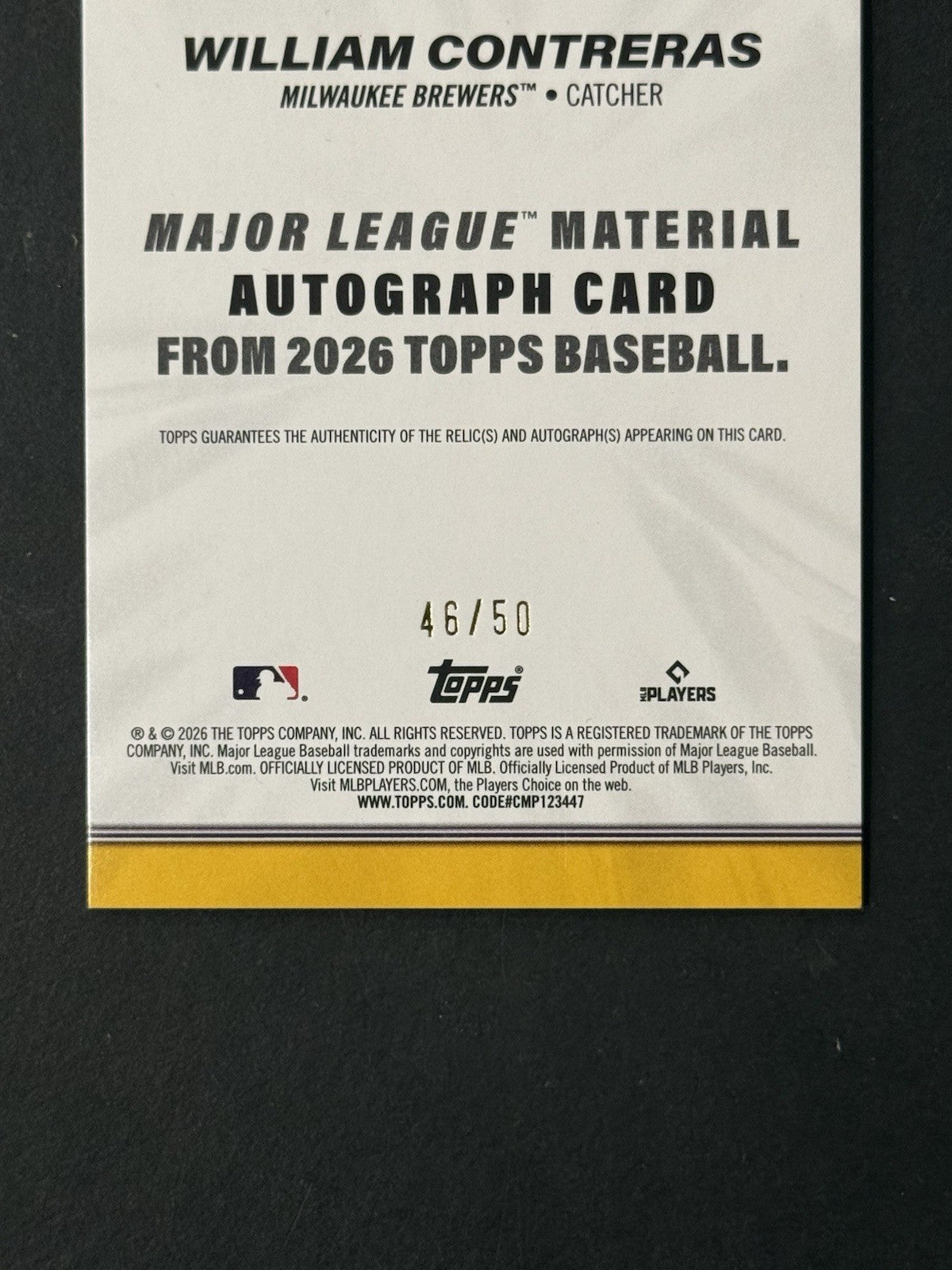 Topps 2026 Series 1 William Contreras Patch Jersey Materials Gold / 50 Brewers
